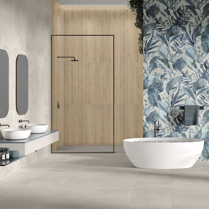 Frame Mid matte porcelain tile with a fluted wood design, for feature walls. Made in Italy, installed in a shower.