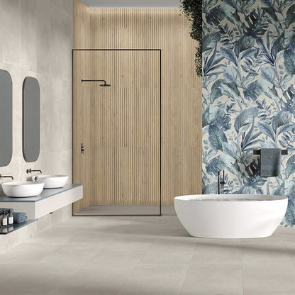 Frame Mid matte porcelain tile with a fluted wood design, for feature walls. Made in Italy, installed in a shower.