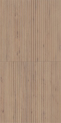 Frame Mid matte porcelain tile with a fluted wood design, for feature walls. Made in Italy, in a 24x48" size.