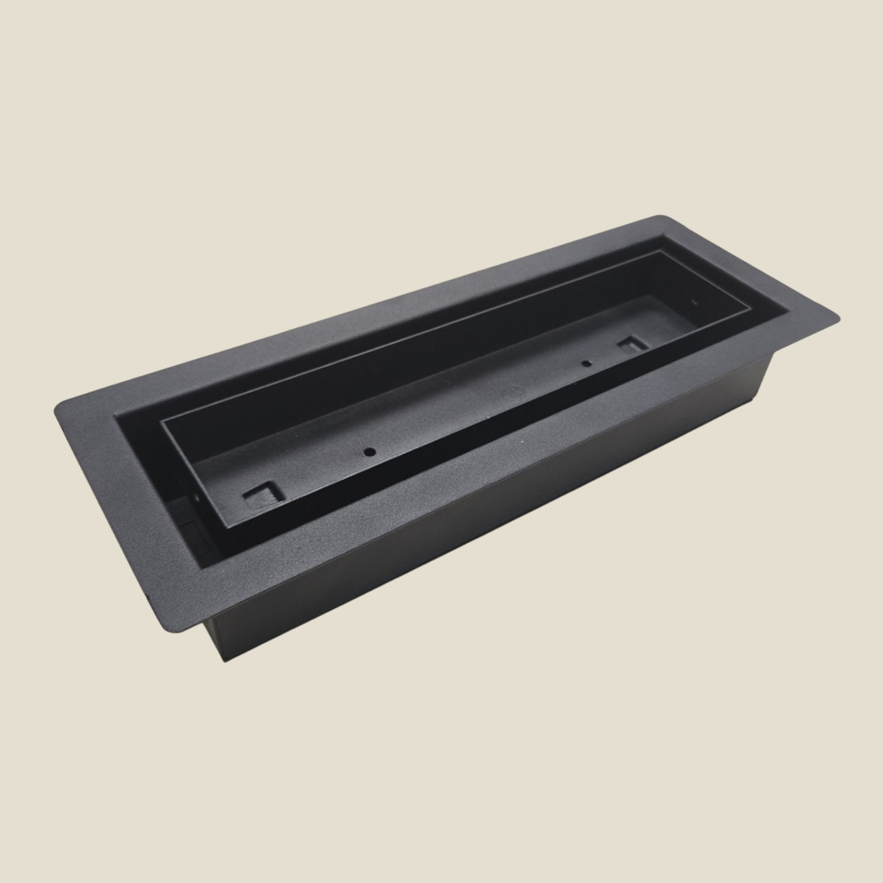 Framed stainless steel black floor vent in a 3x10" size, with a center opening for a tile insert.