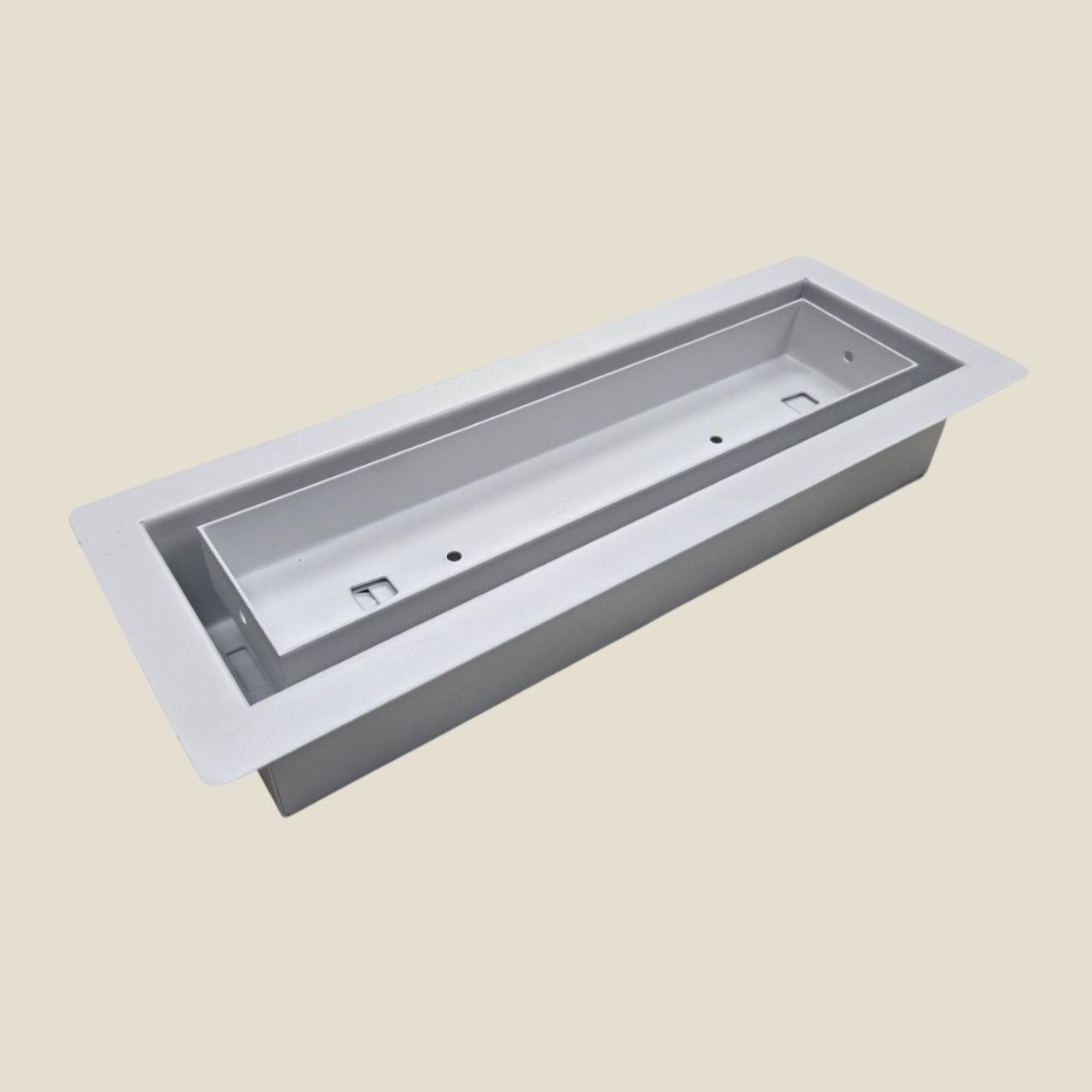 Framed stainless steel white floor vent in a 3x10" size, with a center opening for a tile insert.