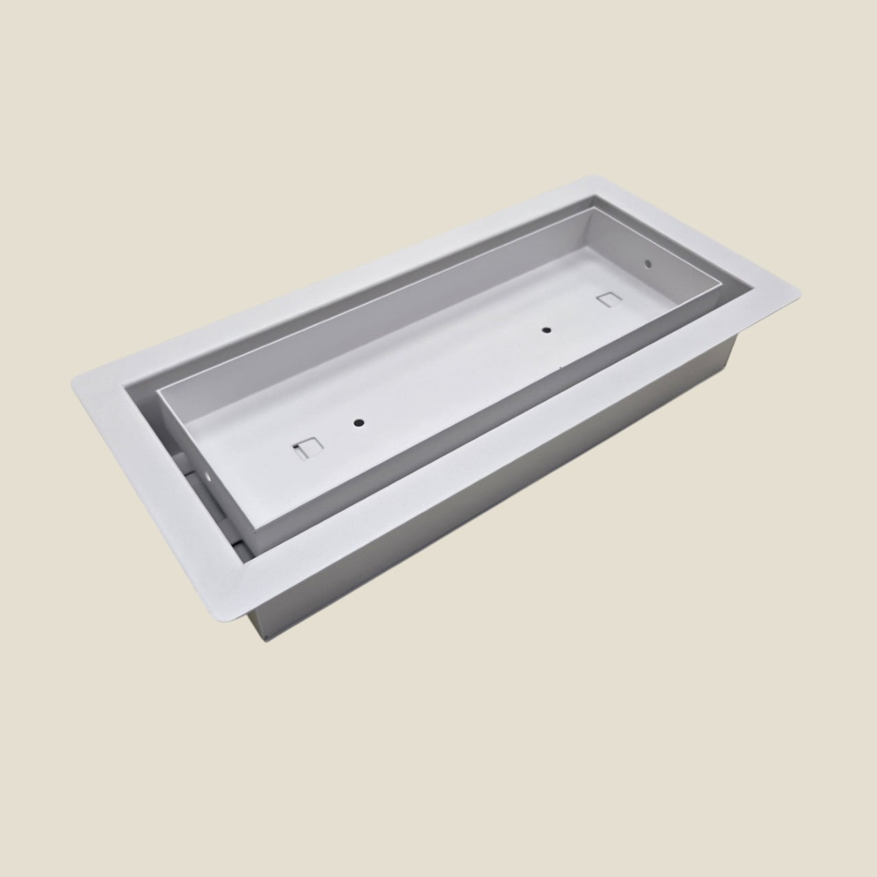 Framed stainless steel white floor vent in a 4x10" size, with a center opening for a tile insert.