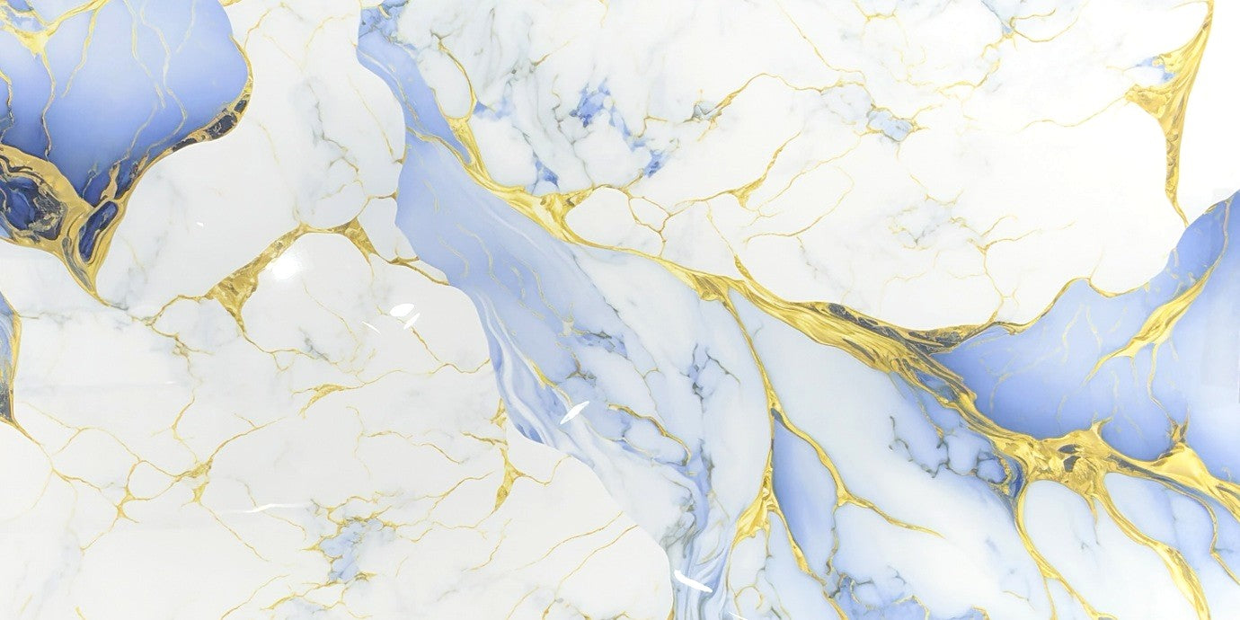 Gold Coast polished porcelain tile with a white, gold, and blue marble design, for floors and walls. In a 24x48" size.