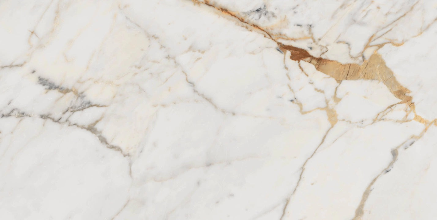 Golden White polished porcelain tile with a white marble design, for floors and walls. Made in Italy, in a 24x48" size.