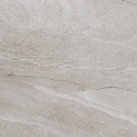 Halley Light matte porcelain tile with a greige stone design, for floors and walls. Made in Spain, in a 24x24" size.