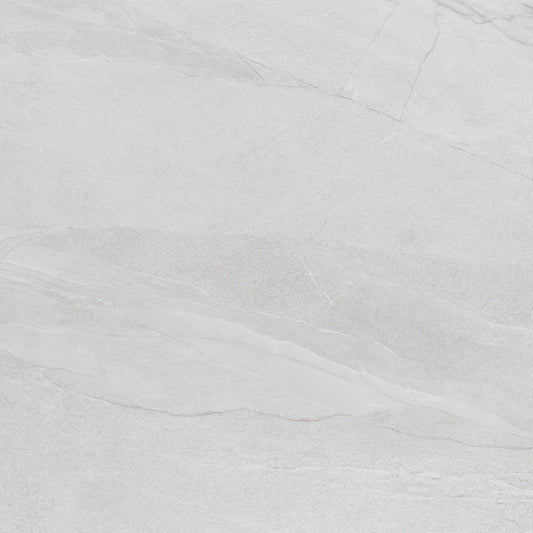 Halley White matte porcelain tile with a white stone design, for floors and walls. Made in Spain, in a 24x24" size.
