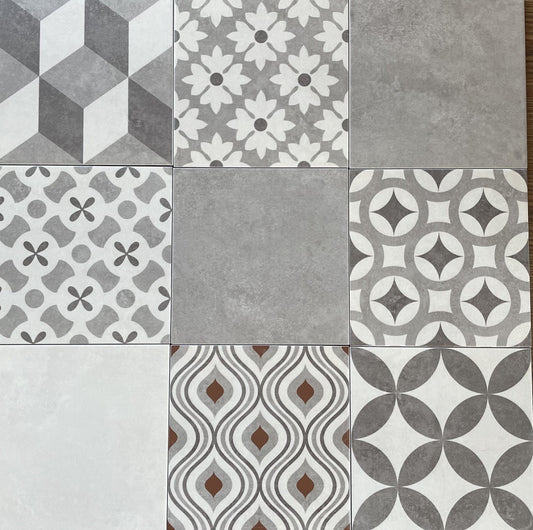 Hidraulico Cemento contemporary style porcelain tile with varying designs, for floors and walls. In a 8x8" size.