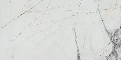 Invisible White glossy porcelain tile with a marble design, for floors and walls. Made in Spain, in a 24x48" size.