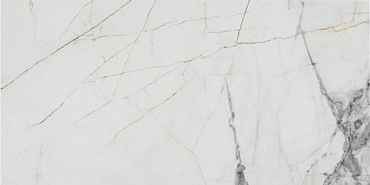 Invisible White glossy porcelain tile with a marble design, for floors and walls. Made in Spain, in a 24x48" size.