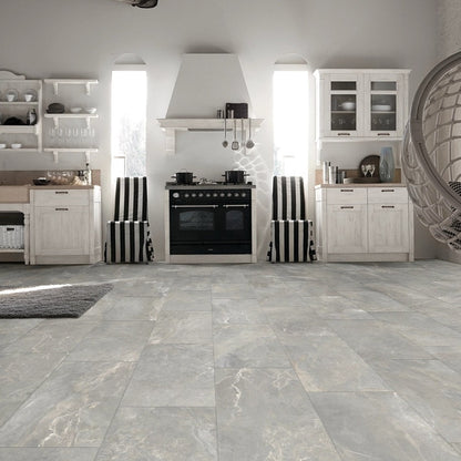 Iroc Greige stone look matte porcelain tile for floor and wall made in Italy. Installed in room.