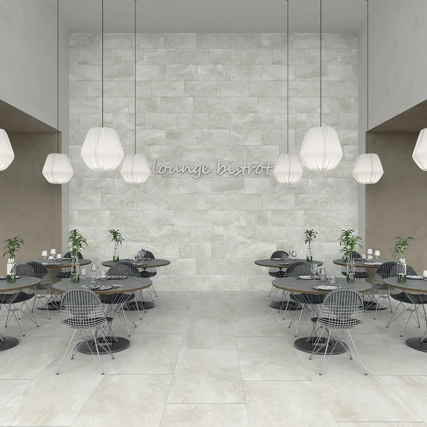 Iroc White stone look matte porcelain tile for floor and wall made in Italy. Installed in room.