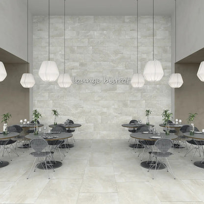 Iroc White stone look matte porcelain tile for floor and wall made in Italy. Installed in room.
