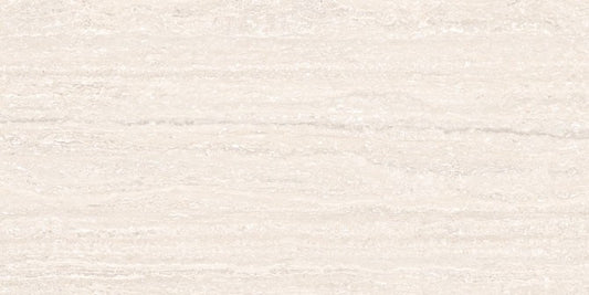 Julia Bone porcelain tile with a beige/ivory travertine design, for floors and walls. Made in Spain, in a 24x48" size.
