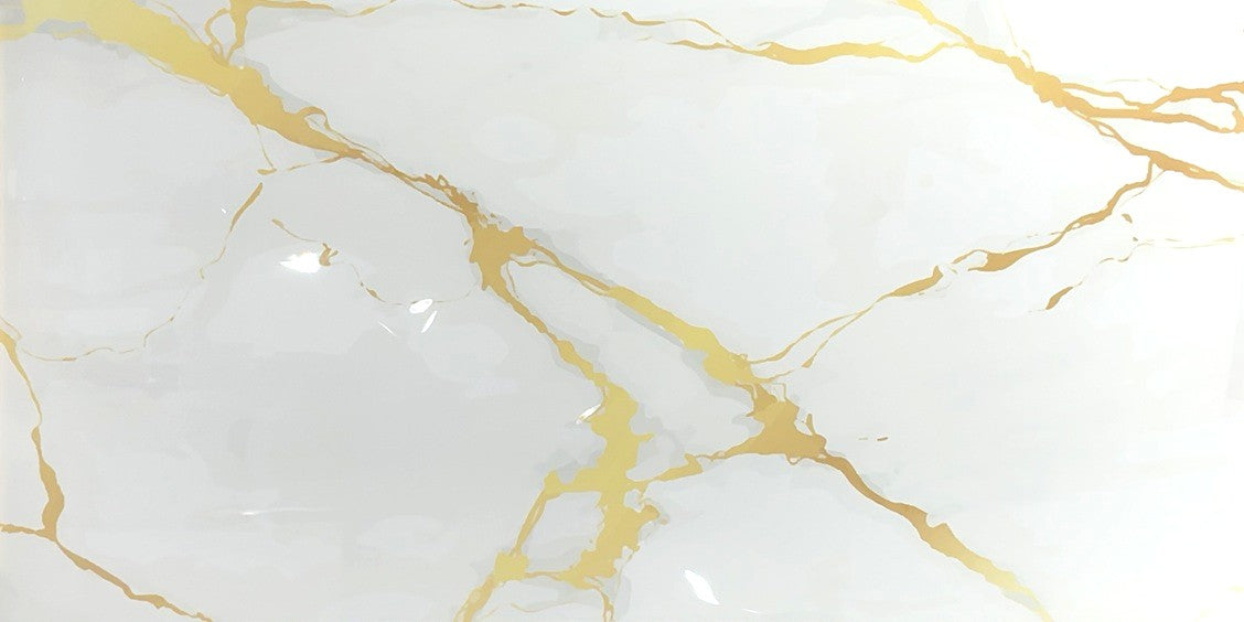 Klondike Gold polished porcelain tile with a white and gold marble design, for floors and walls. In a 24x48" size.