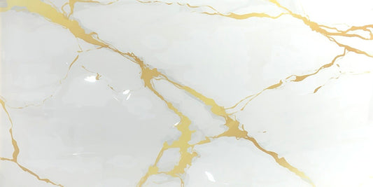Klondike Gold polished porcelain tile with a white and gold marble design, for floors and walls. In a 24x48" size.