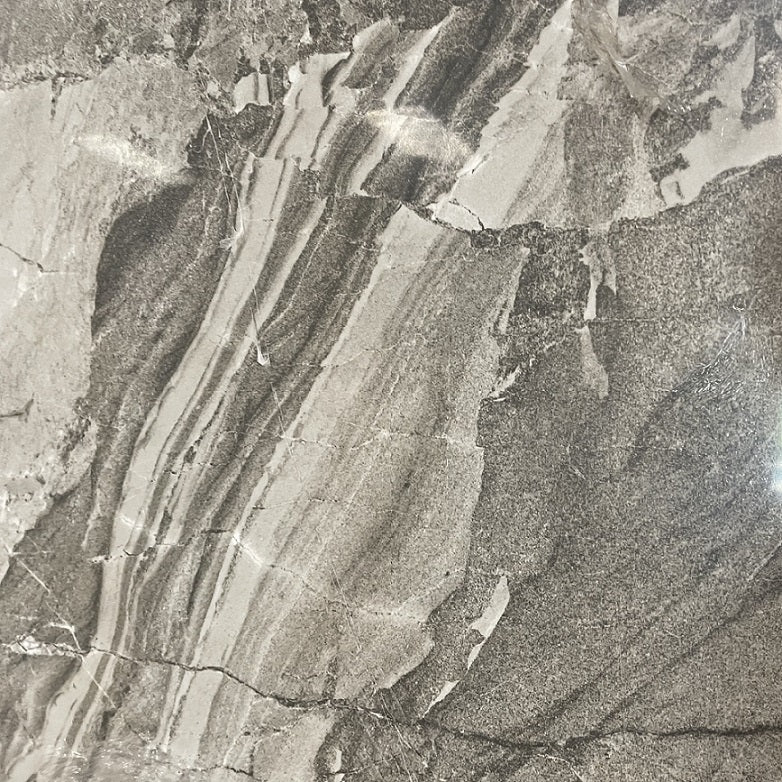 Lazio Grey polished porcelain tile with a stone design, for floors and walls. In a 24x24" size.
