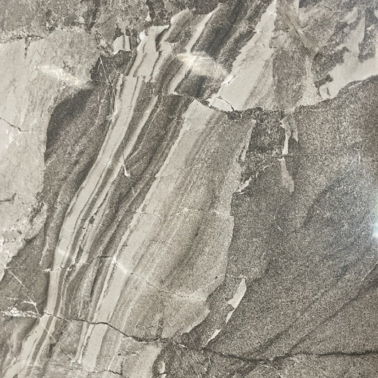 Lazio Grey polished porcelain tile with a stone design, for floors and walls. In a 24x24" size.