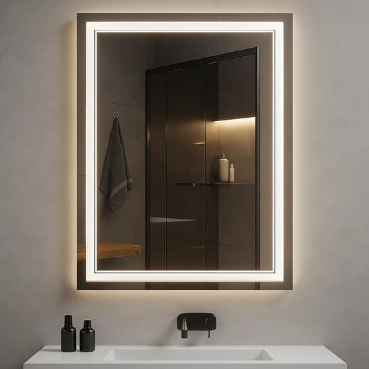 LED front lit mirror in a 30x36" size, for bathroom and vanity walls.