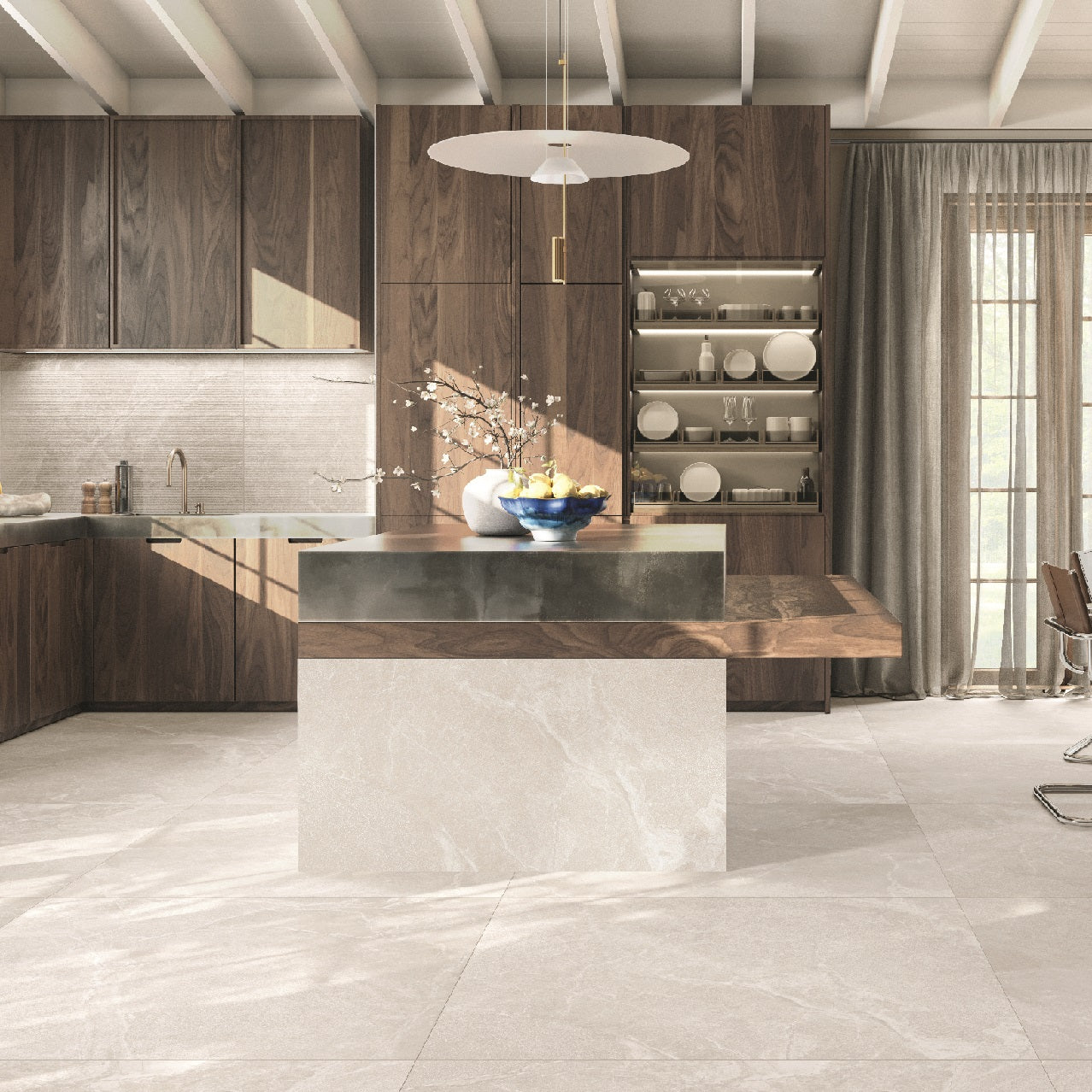 Legacy Stone Avorio matte porcelain tile with a stone design, for floors and walls. Made in Italy, installed in a room.