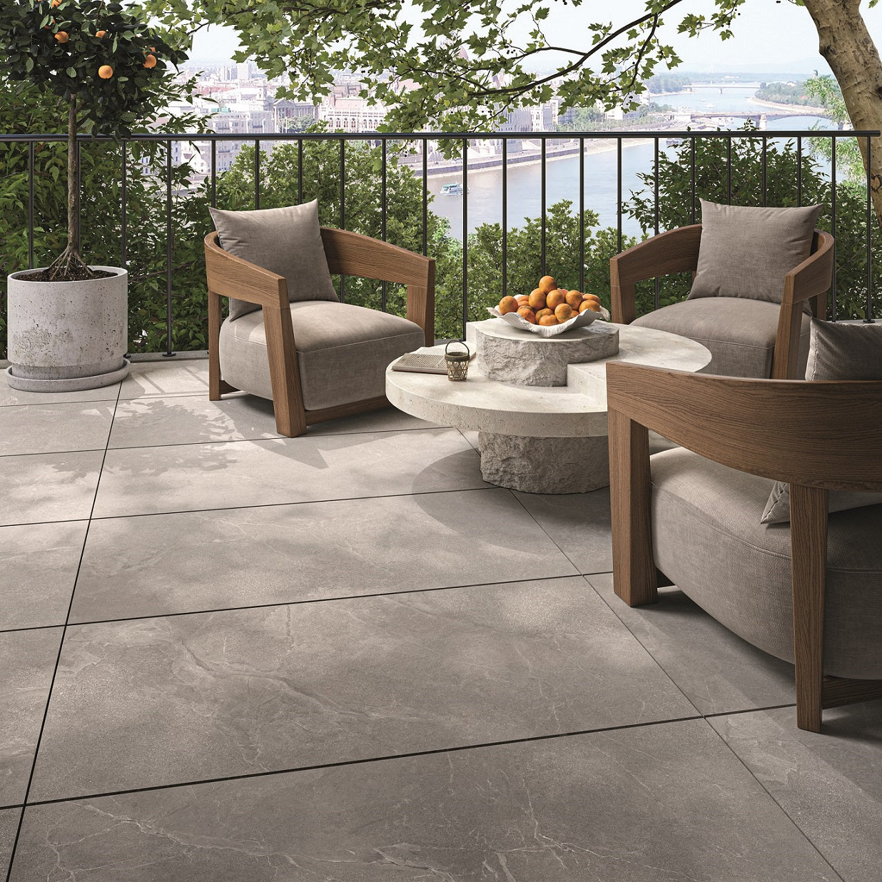 Legacy Stone Grigio matte porcelain tile with a stone design, for floors and walls. Made in Italy, installed outside.