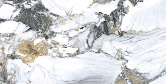 Liberty polished porcelain tile with a white, gold, and grey marble design, for floors and walls. In a 24x48" size.