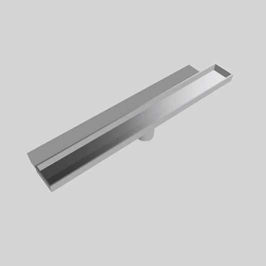 Stainless Steel linear shower drain with a tile insert, in a matte brushed nickel colour.