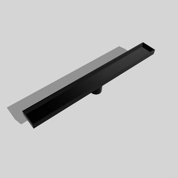 Stainless Steel linear shower drain with a tile insert, in a matte black colour.