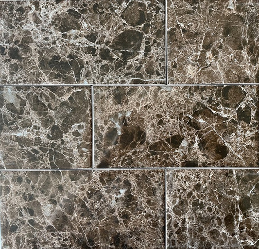 Emperador brown marble style ceramic subway tile, for walls. Made in Spain, in a 4x8" size.