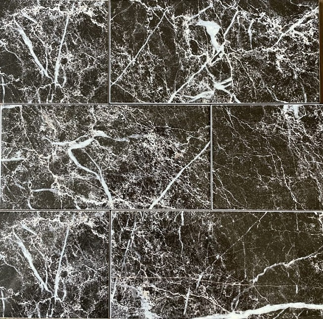 Marquina black marble style ceramic subway tile, for walls. Made in Spain, in a 4x8" size.