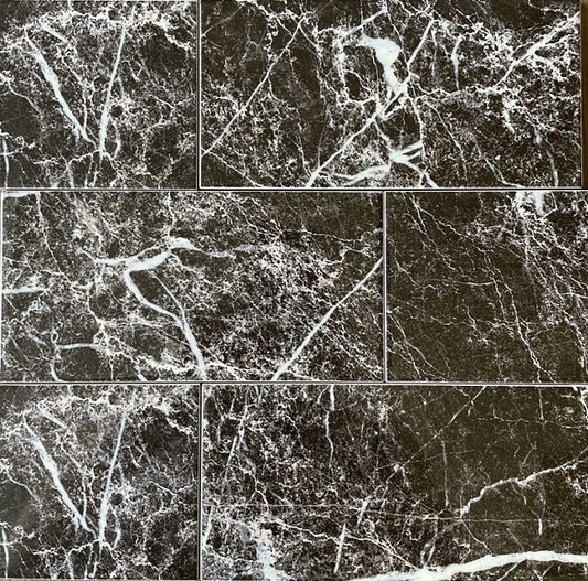 Marquina black marble style ceramic subway tile, for walls. Made in Spain, in a 4x8" size.
