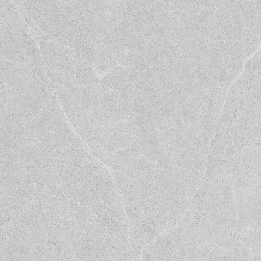 Lithos Stone Pearl matte porcelain tile with a grey stone design, for floors and walls. In a 24x24" size.