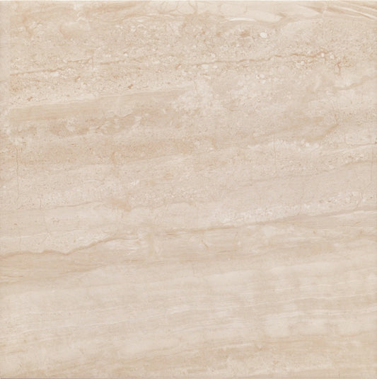 Lucio Beige glossy ceramic tile with a stone design, for floors and walls. Made in Spain, in a 18x18" size.