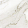 Lumino Calacatta matte porcelain tile in a white and gold marble style, for floors and walls. In a 13x13" size.