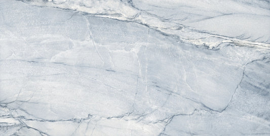 Macauba Blue polished porcelain tile with a marble design, for floors and walls. Made in Spain, in a 24x48" size.