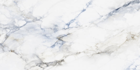Mare polished porcelain tile with a white, blue, and gold marble design, for floors and walls. In a 24x48" size.