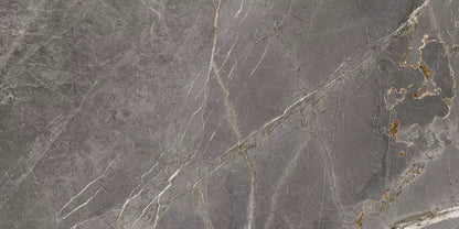 Marmi Grafito porcelain tile with a dark grey marble design, for floors and walls. Made in Spain, in a 24x48" size.