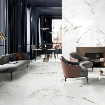 Marmo Angelina polished/matte porcelain tile in a white marble style, for floors and walls. Installed in a room.