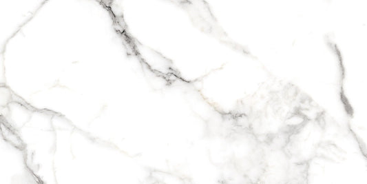 Marmo Angelina polished/matte porcelain tile in a white marble style, for floors and walls. In a 24x28" size.