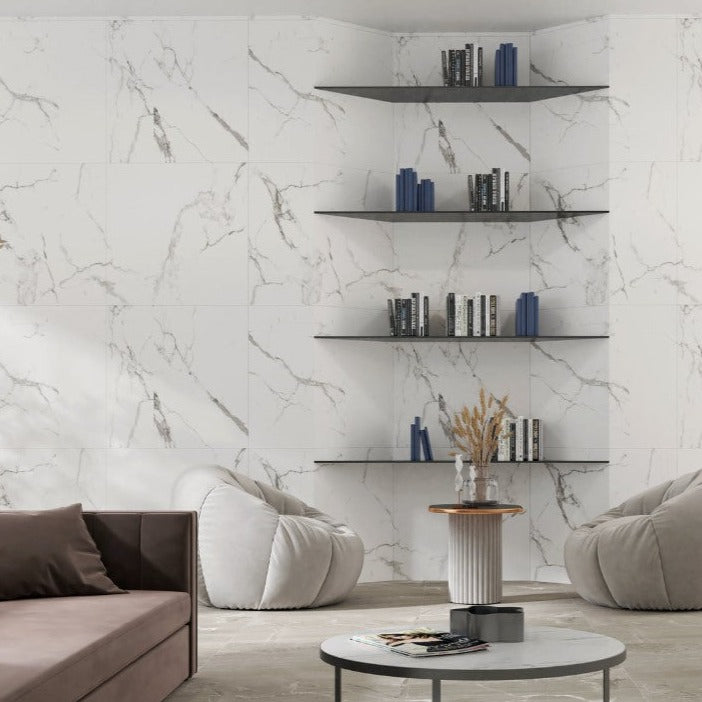 Marmo Angelina polished/matte porcelain tile in a white marble style, for floors and walls. Installed in a room.