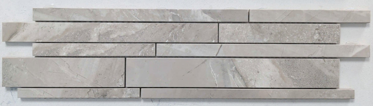 Coral Grey polished porcelain mosaic with a grey marble style, for floors and walls. In a random strip size.
