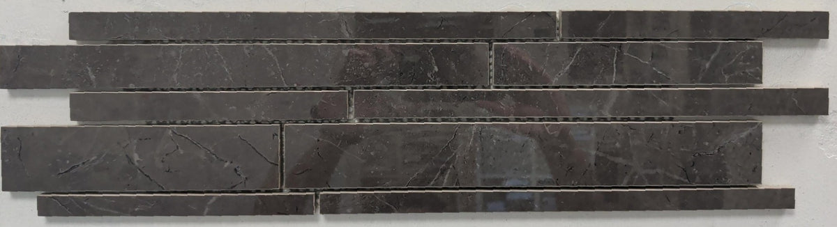 Creta Grey polished porcelain mosaic with a dark grey marble style, for floors and walls. In a random strip size.