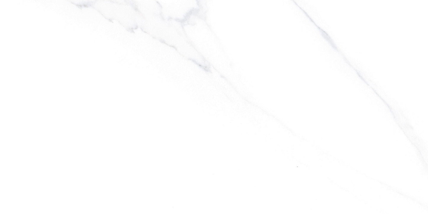 Marmo Danica polished porcelain tile in a white and soft grey marble style, for floors and walls. In a 24x48" size.