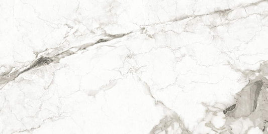 Marmo Divetente polished porcelain tile in a white and dark grey marble style, for floors and walls. In a 24x48" size.