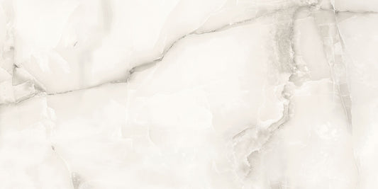 Marmo Umile polished porcelain tile in an off-white/beige onyx style, for floors and walls. In a 24x48" size.
