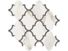 Mayfair Calacatta Oro porcelain tile with a white and gold marble style for floors and walls. In an arabesque mosaic.