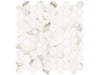 Mayfair Calacatta Oro porcelain mosaic with a white and gold marble style, for floors and walls. In a small hexagon.
