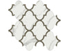 Mayfair Statuario Venato porcelain tile with a white and grey marble style for floors and walls. In an arabesque mosaic.