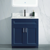 30 inch blue MDF bathroom vanity with a white carrara quartz top, 2 doors, a chrome faucet, and brushed nickel handles.