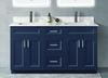 60 inch blue MDF bathroom vanity with a white carrara quartz top, two chrome faucets, and brushed nickel handles.