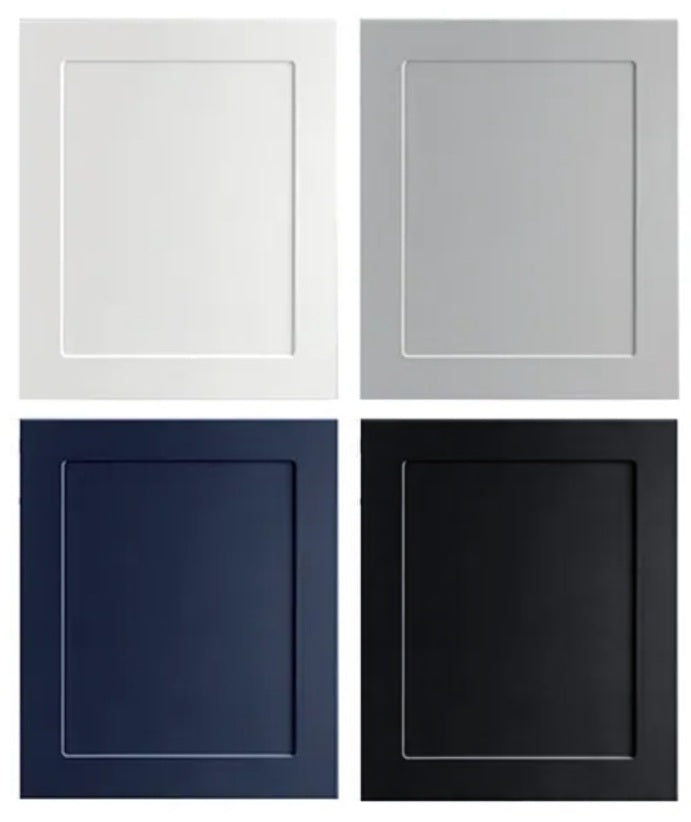 Four available cabinet colours for prebuilt MDF bathroom vanities, including white, grey, blue, and black.